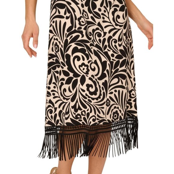 Adrianna Papell Sleeveless Halter Fringe Trim Midi Dress - Black/Beige NWT 14 - Picture 5 of 5